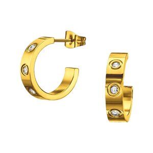 Gold Stainless Steel Crystal Half Hoop Stud Earrings 16mm Sparkle